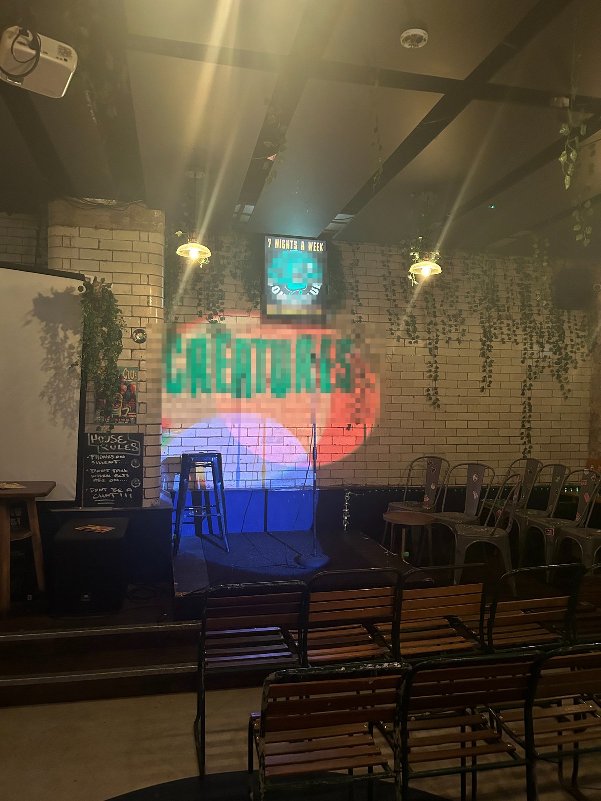 A comedy club stage set up ahead of a show